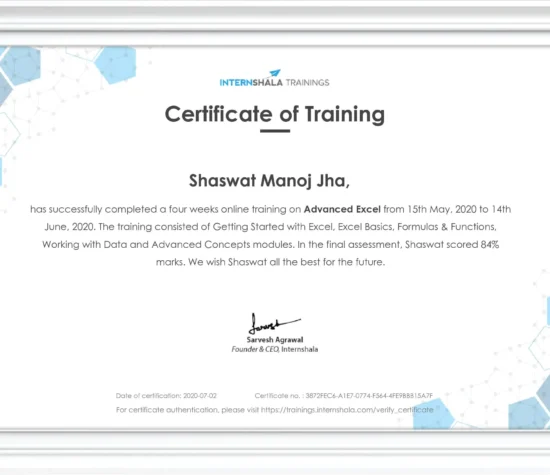 Shaswat Advanced Excel Internshala Certificate