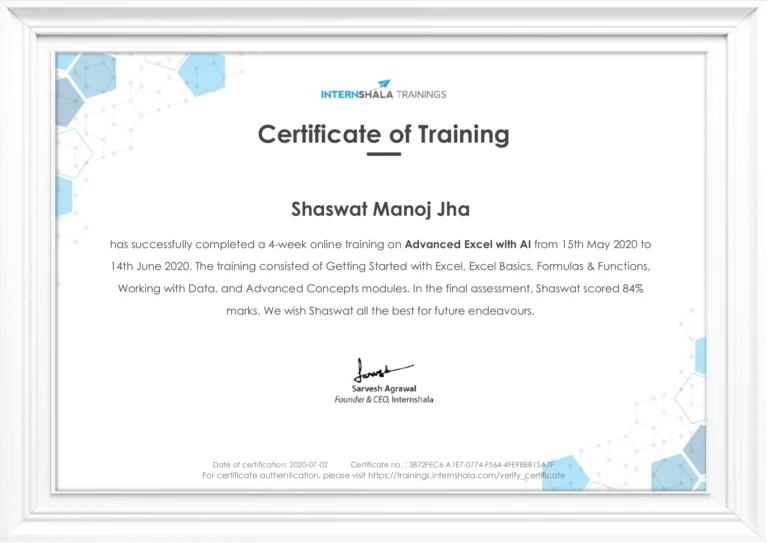 Shaswat Advanced Excel Internshala Certificate