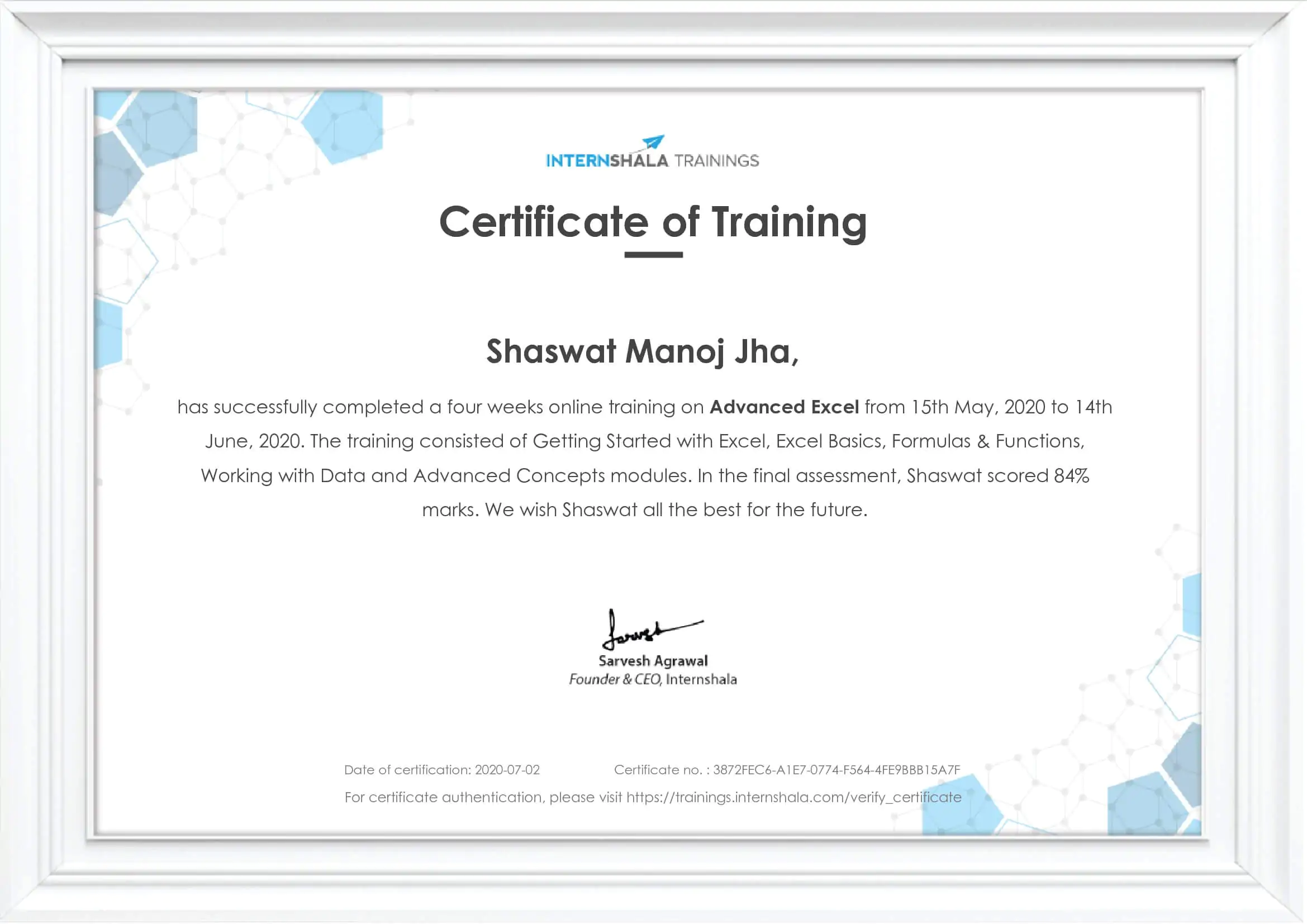 Shaswat Advanced Excel Internshala Certificate