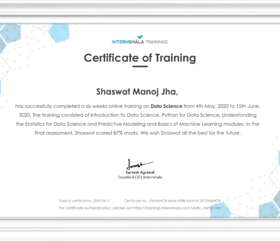 Shaswat Data Science Internshala Certificate