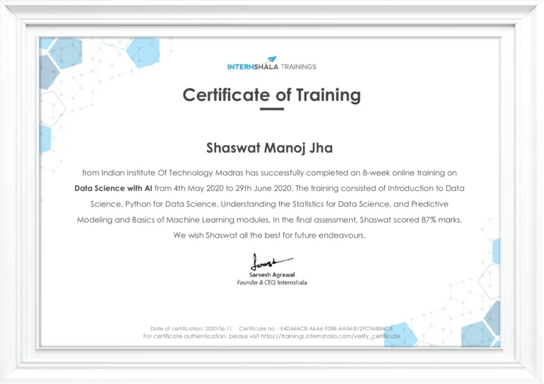 Shaswat Data Science Internshala Certificate