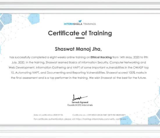 Shaswat Ethical Hacking Internshala Certificate