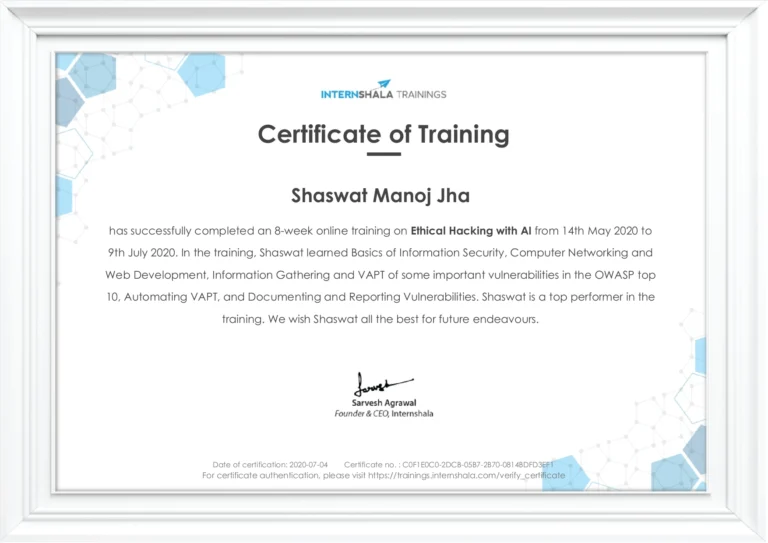 Shaswat Ethical Hacking Internshala Certificate