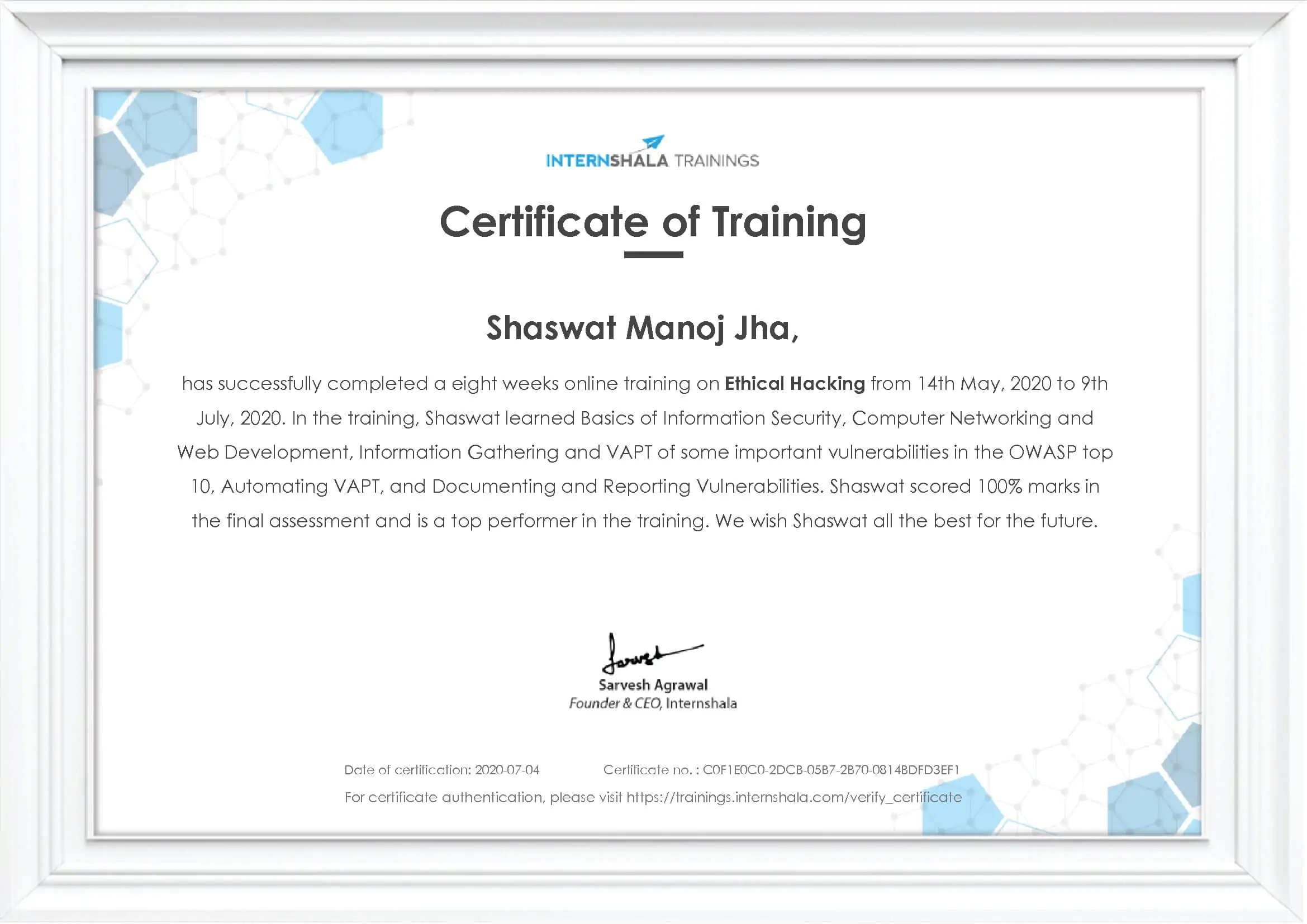 Shaswat Ethical Hacking Internshala Certificate