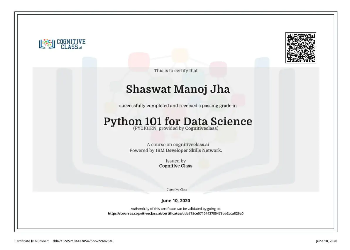 IBM Python 101 for Data Science Shaswat Certificate