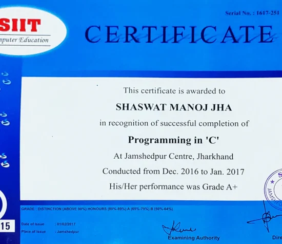 Shaswat C Programming SIIT Jamshedpur 2016