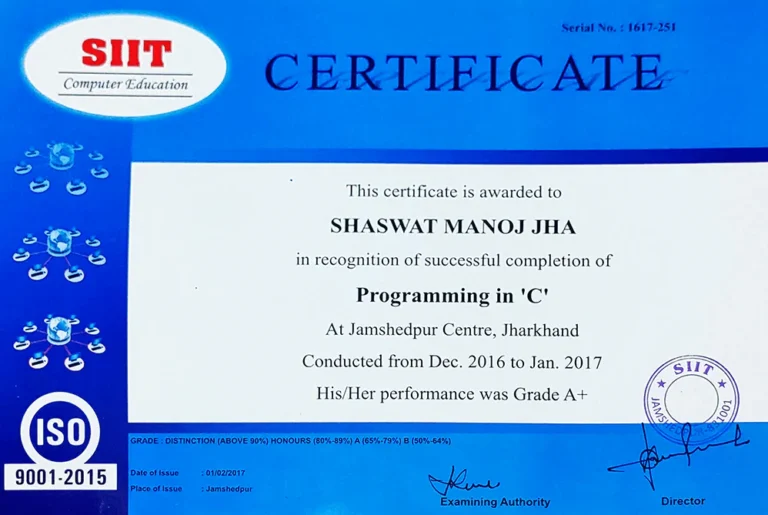 Shaswat C Programming SIIT Jamshedpur 2016
